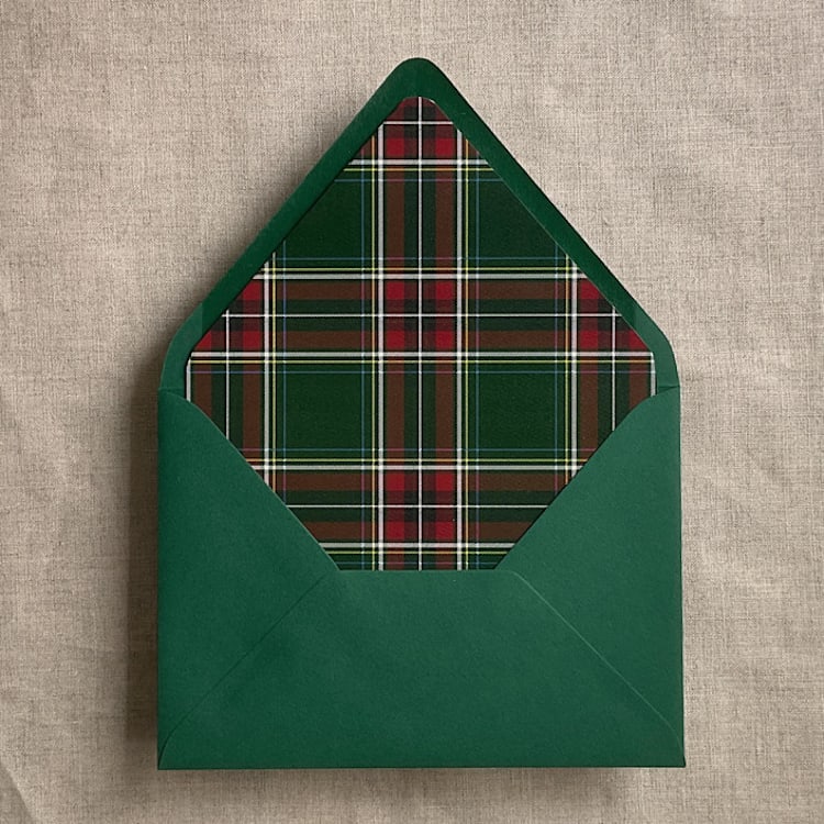 "Holiday green plaid envelope liner for A7 euro flap envelope | pack of 10" - Envelope Liners in green by Ivory Invitations