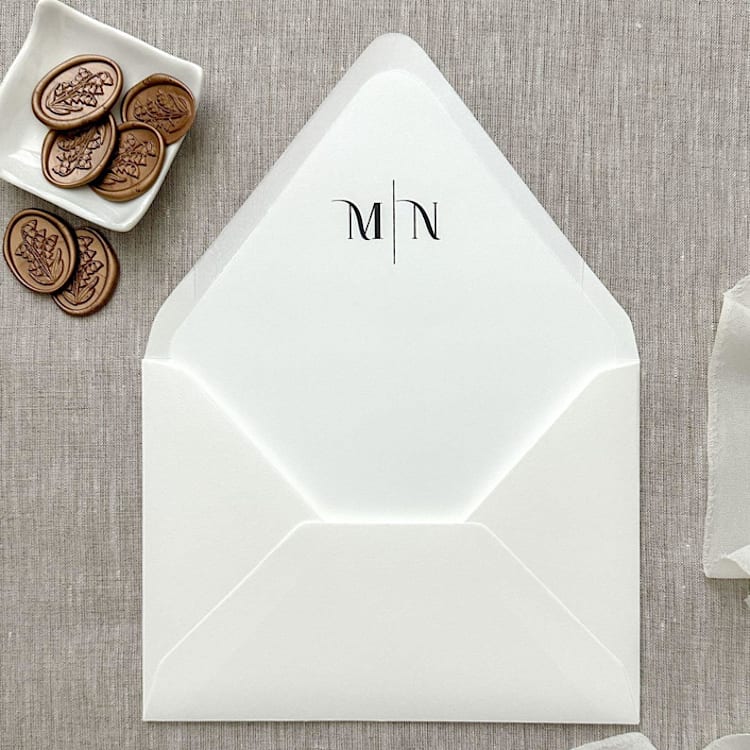 "Customizable initials Euro Flap envelope liner for A7 (5x7”) invitations | Set of 10" - Envelope Liners in black by Orchid Studio