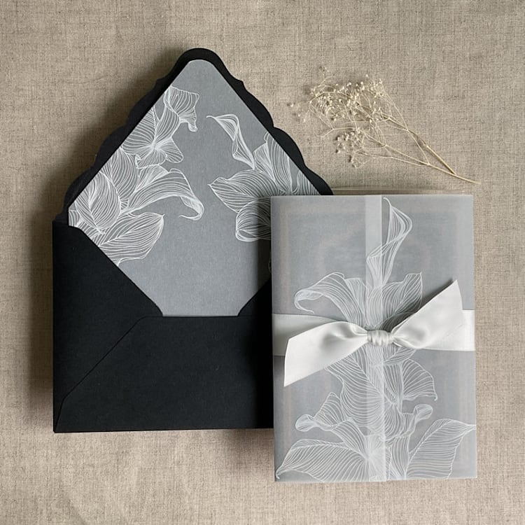 "White calla lily vellum wrap for 5x7 card + liner for A7 euro envelope" - Envelope Liners in white by Ivory Invitations