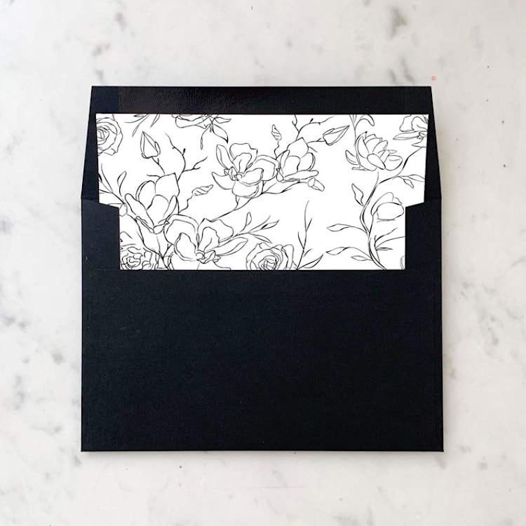 "A7 Envelope Liners Black Flower Sketch Square Flap (set of 10)" - Envelope Liners in black by Design by Laney