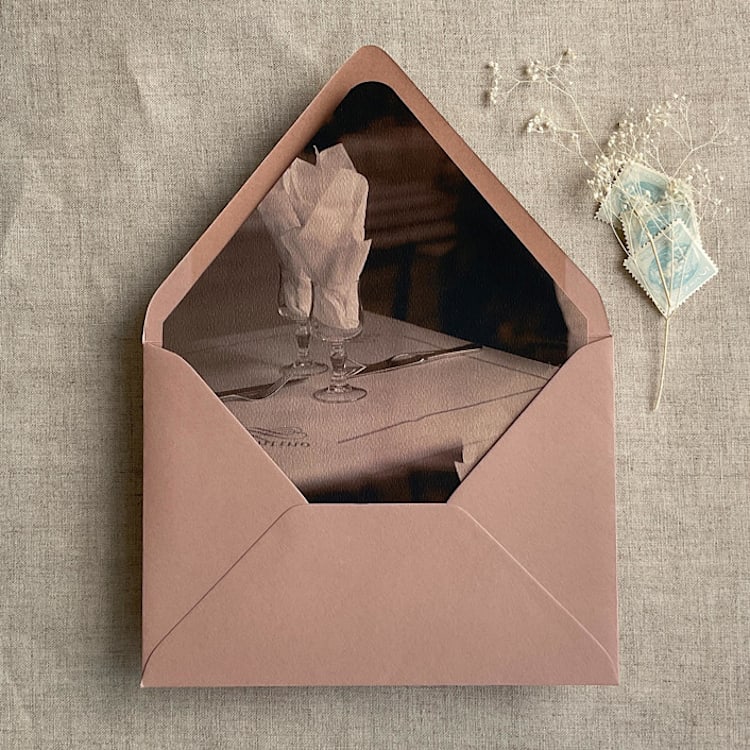 "Rosé table setting for guests printed envelope liner for A7 euro flap envelope | pack of 10" - Envelope Liners in multicolor by Ivory Invitations