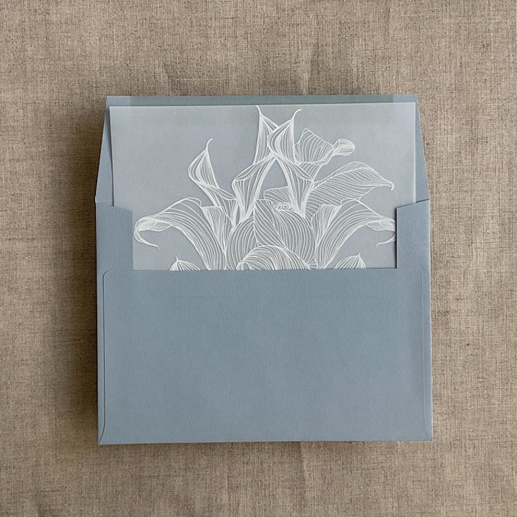 "White calla floral vellum envelope liner for A7 square flap envelope | pack of 10" - Envelope Liners in white by Ivory Invitations