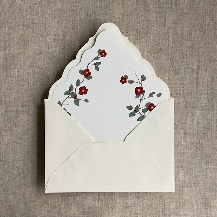 "Red velvet Camellia floral envelope liner for A7 euro flap envelope | pack of 10" - Envelope Liners in red by Ivory Invitations
