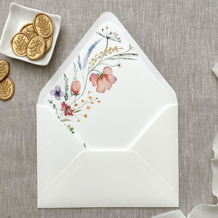 "Watercolor wildflowers half arch Euro Flap envelope liners for A7 (5x7”) invitations | Set of 10" - Envelope Liners in multicolorassorted-colors by Orchid Studio