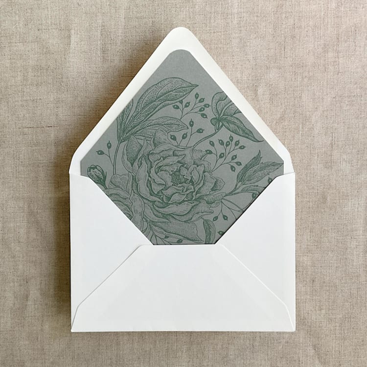 "Sage elegant peonies and berries liner for A7 euro flap envelope | pack of 10" - Envelope Liners in green by Ivory Invitations