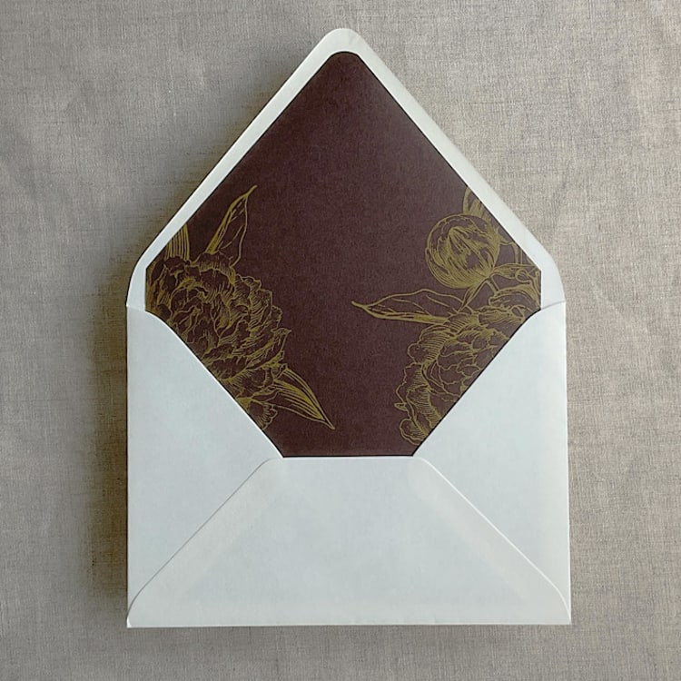 "Metallic gold grand peony printed liner A7 euro flap envelope | pack of 10" - Envelope Liners in brown by Ivory Invitations