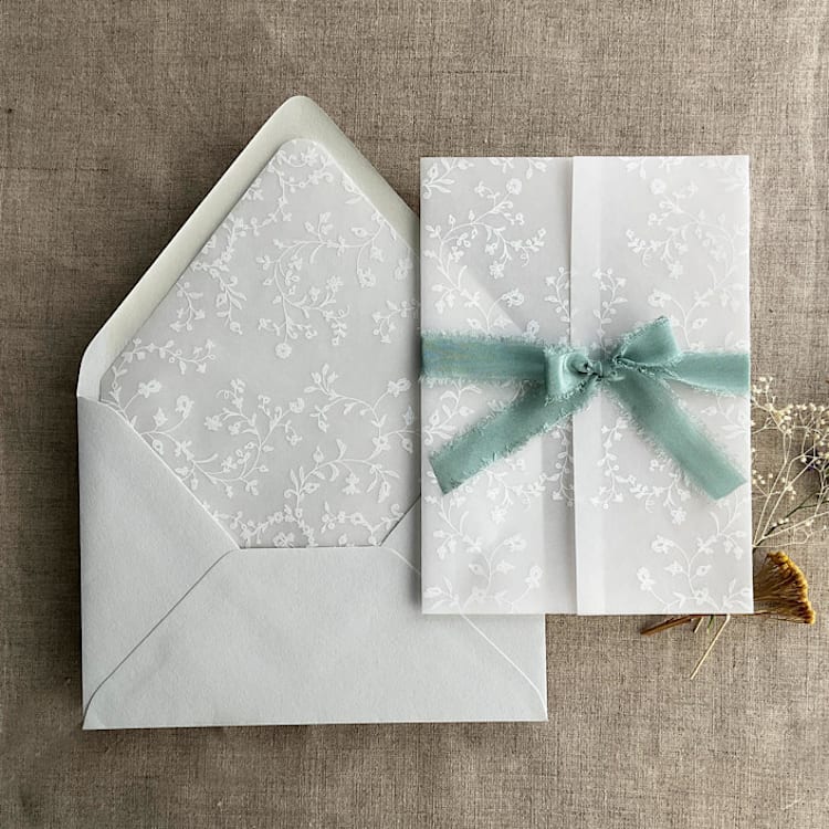 "White dainty floral vellum wrap for 5x7 card + liner for A7 euro envelope | Set of 10" - Envelope Liners in white by Ivory Invitations