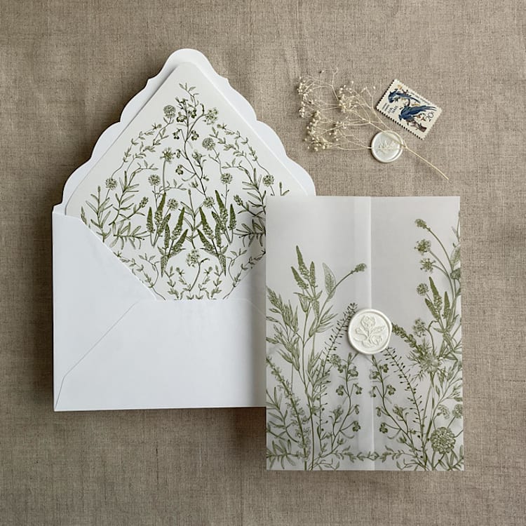 "Moss English botanical vellum wrap for 5x7 card + liner for A7 euro envelope" - Envelope Liners in green by Ivory Invitations