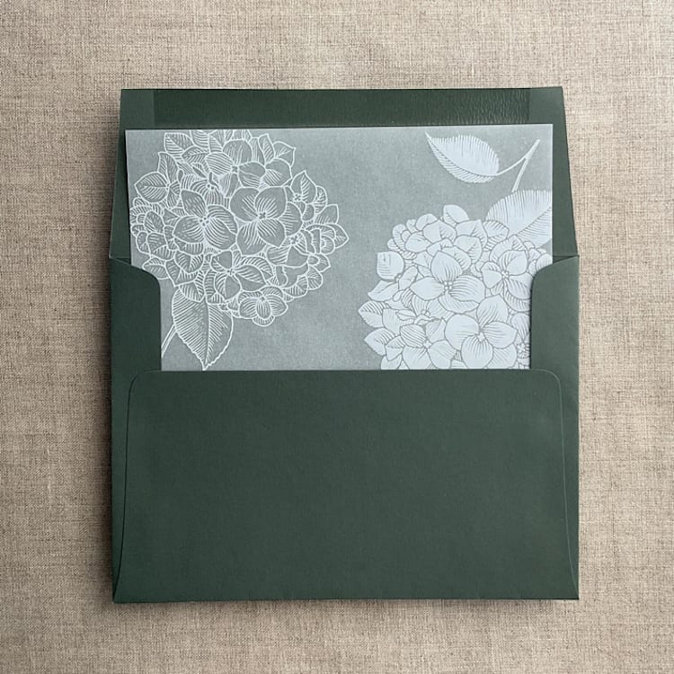 "White ink print hydrangea floral printed liner for A7 square flap envelope | pack of 10" - Envelope Liners in white by Ivory Invitations
