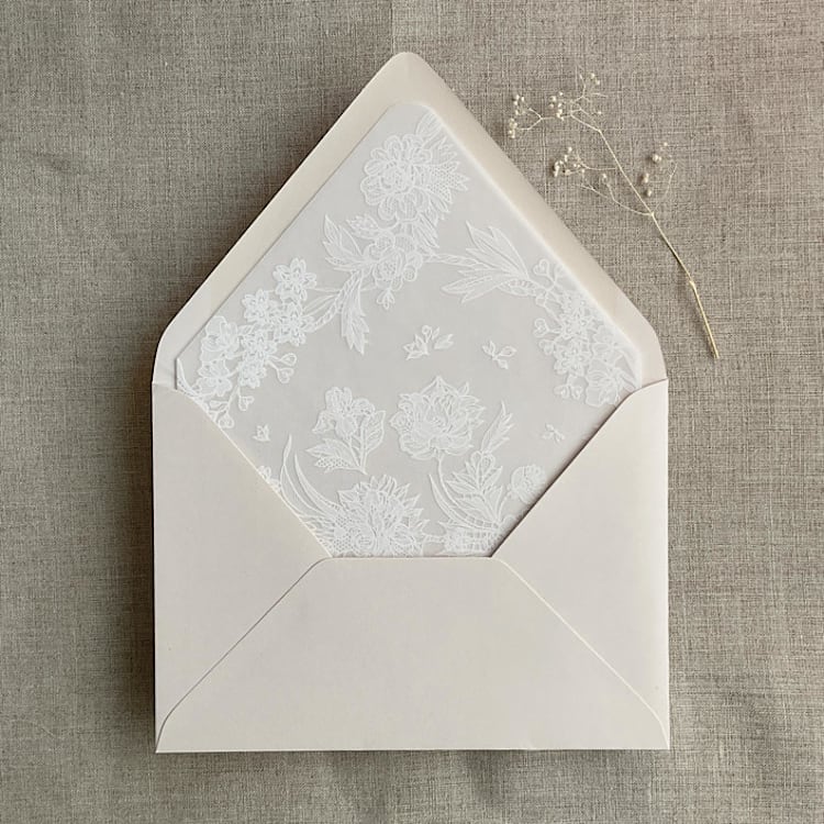 "Venetian lace white ink printed vellum envelope liner for A7 euro flap envelope | pack of 10" - Envelope Liners in white by Ivory Invitations