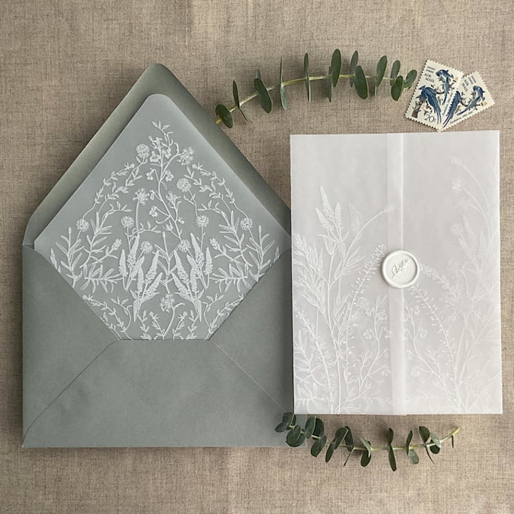 "White English botanical vellum wrap for 5x7 card + liner for A7 euro envelope" - Envelope Liners in white by Ivory Invitations
