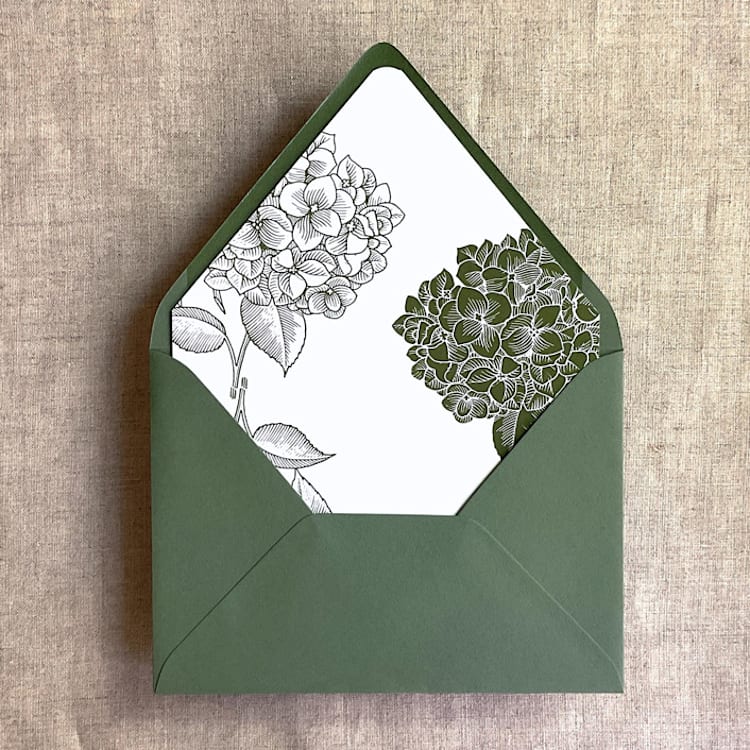 "Moss Hydrangea floral liner for A7 euro flap envelope | pack of 10" - Envelope Liners in green by Ivory Invitations