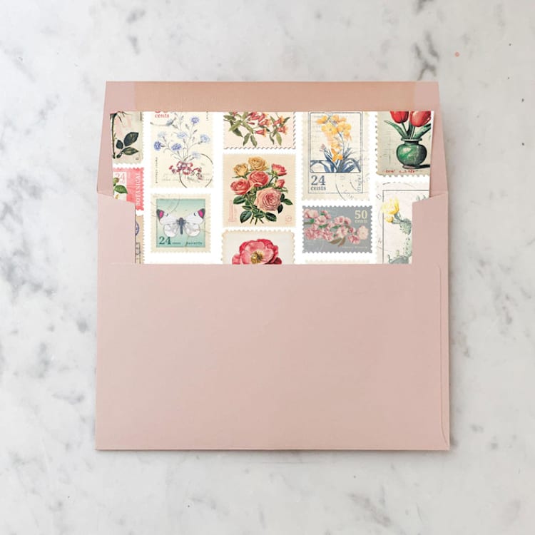 "A7 Envelope Liners Vintage Postage Stamp Flowers Square Flap (set of 10)" - Envelope Liners in multicolor by Design by Laney