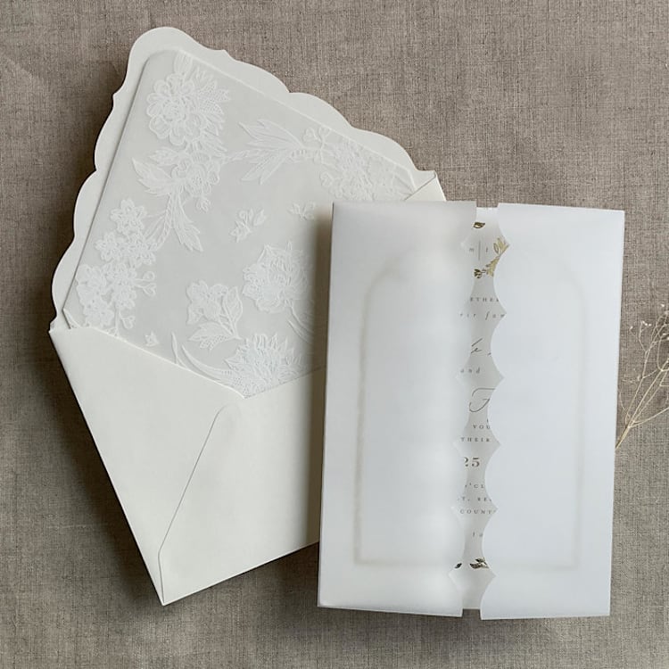 "Scallop vellum wrap for 5x7 card + floral lace liner for A7 euro envelope" - Envelope Liners in white by Ivory Invitations