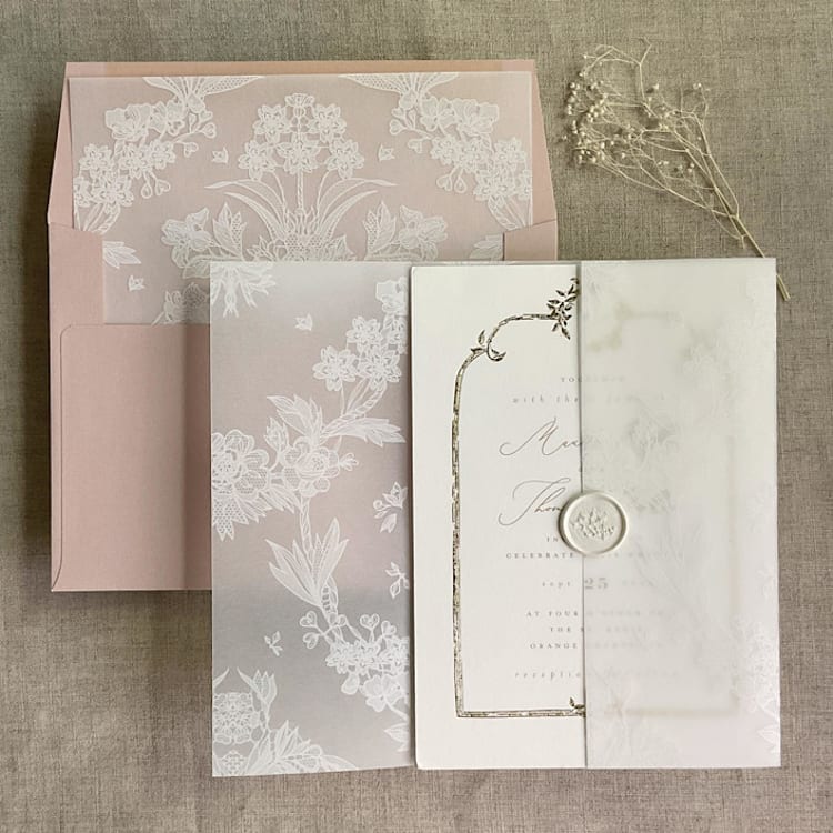 "White venetian lace vellum wrap for 5x7 card + liner for A7 square envelope" - Envelope Liners in white by Ivory Invitations