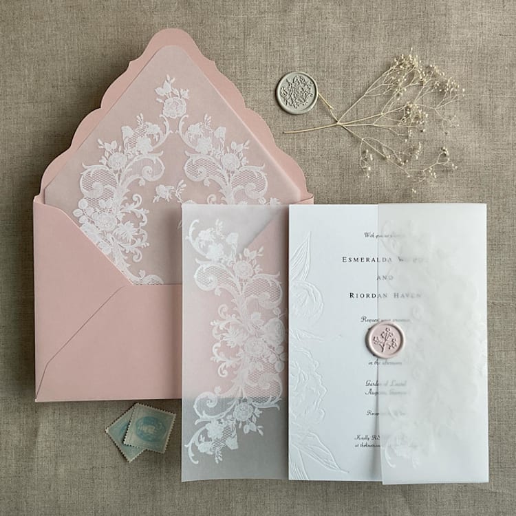 "White la belle rose vellum wrap for 5x7 card + liner for A7 euro envelope" - Envelope Liners in white by Ivory Invitations