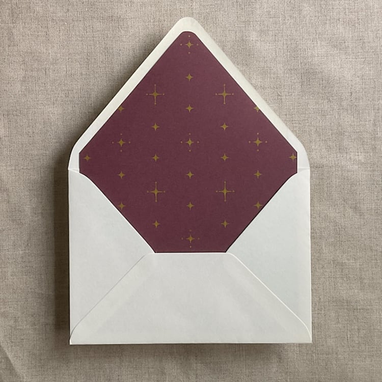 "Gold stars burgundy envelope liner for A7 euro flap envelope | pack of 10" - Envelope Liners in red by Ivory Invitations