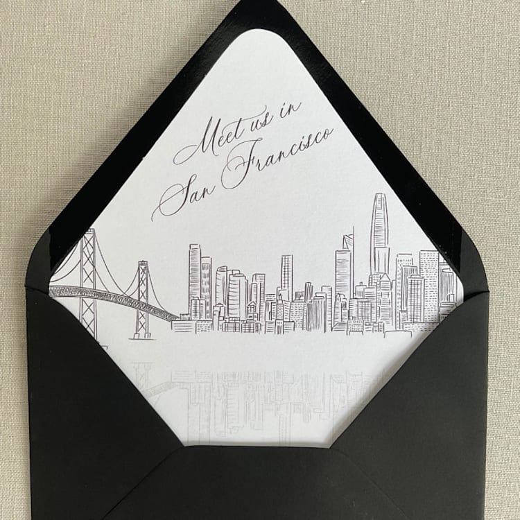 "San Francisco Skyline Envelope Liner with Custom Saying |Self-adhesive | Set of 10 | For 5x7 Euro Flap Envelope" - Envelope Liners in white by Kimee Meyer