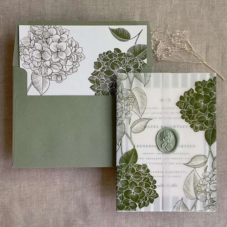 "Moss hydrangea vellum wrap for 5x7 card + liner for A7 square envelope | Set of 10" - Envelope Liners in green by Ivory Invitations