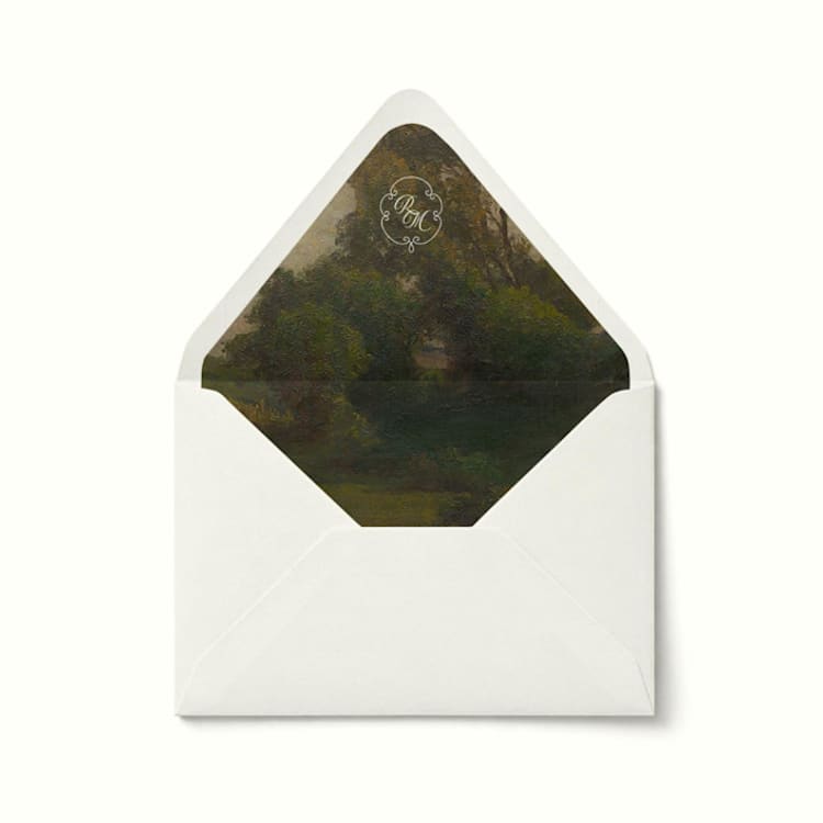 "Monogram Woodlands Fine Art Envelope Liner | Set of 10" - Envelope Liners in green by Paper Haven