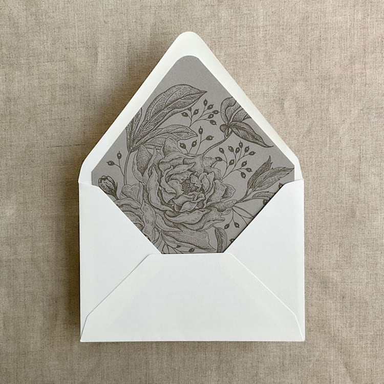 "Stone elegant peonies and berries liner for A7 euro flap envelope | pack of 10" - Envelope Liners in gray by Ivory Invitations