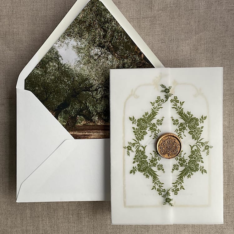 "Moss french crest vellum wrap for 5x7 card + olive trees liner for A7 euro envelope" - Envelope Liners in green by Ivory Invitations