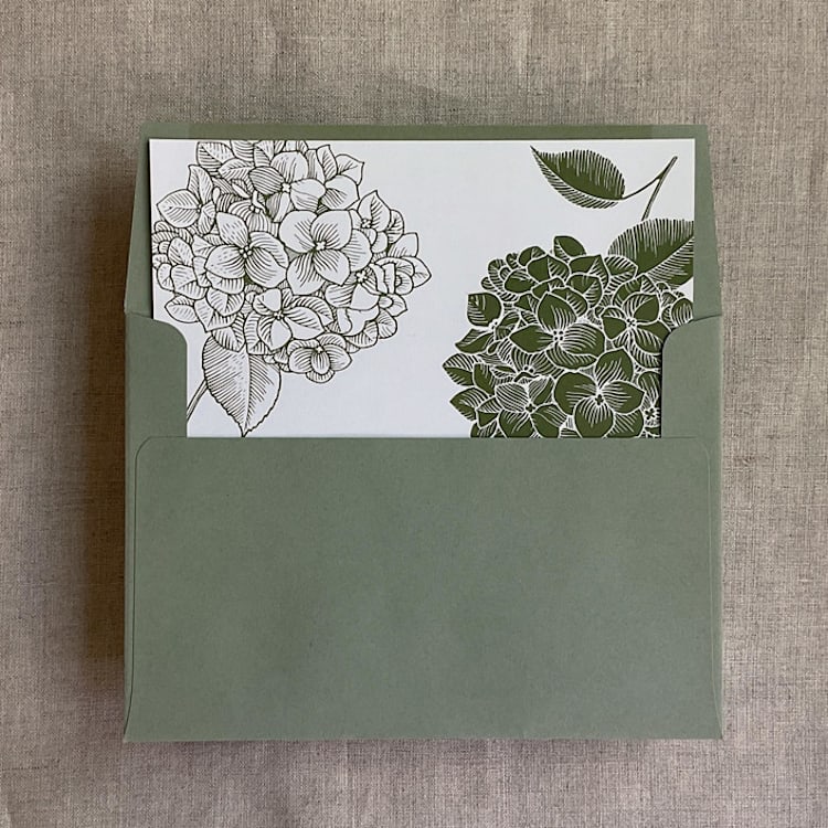 "Moss Hydrangea floral liner for A7 square flap envelope | pack of 10" - Envelope Liners in green by Ivory Invitations