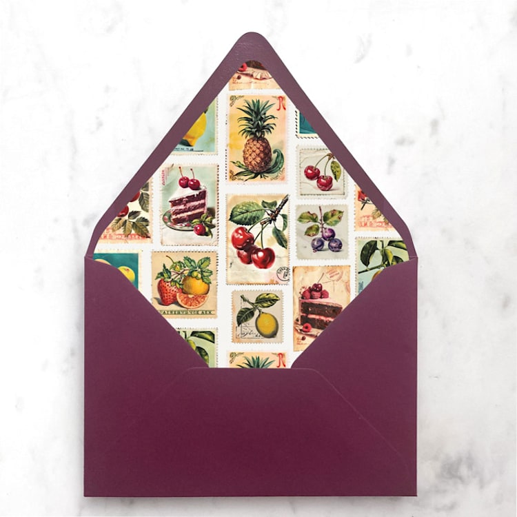 "A7 Envelope Liners Vintage Postage Stamp Fruits (set of 10)" - Envelope Liners in multicolor by Design by Laney