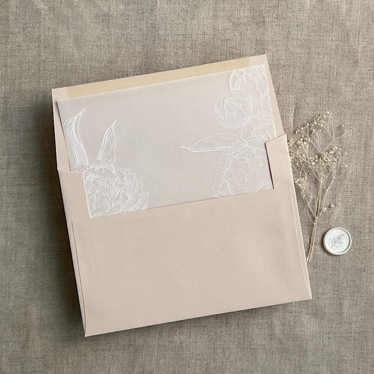 "White grand peony vellum envelope liner for A7 square flap envelope | pack of 10" - Envelope Liners in white by Ivory Invitations