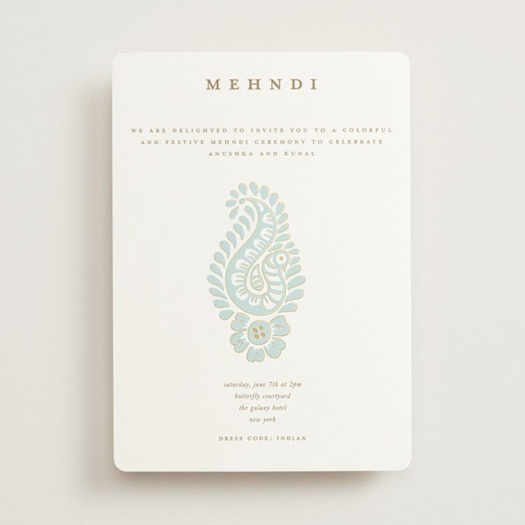 "Royal Wedding" - Foil-Pressed Mehndi Invitations in Mint by Teju Reval - Front