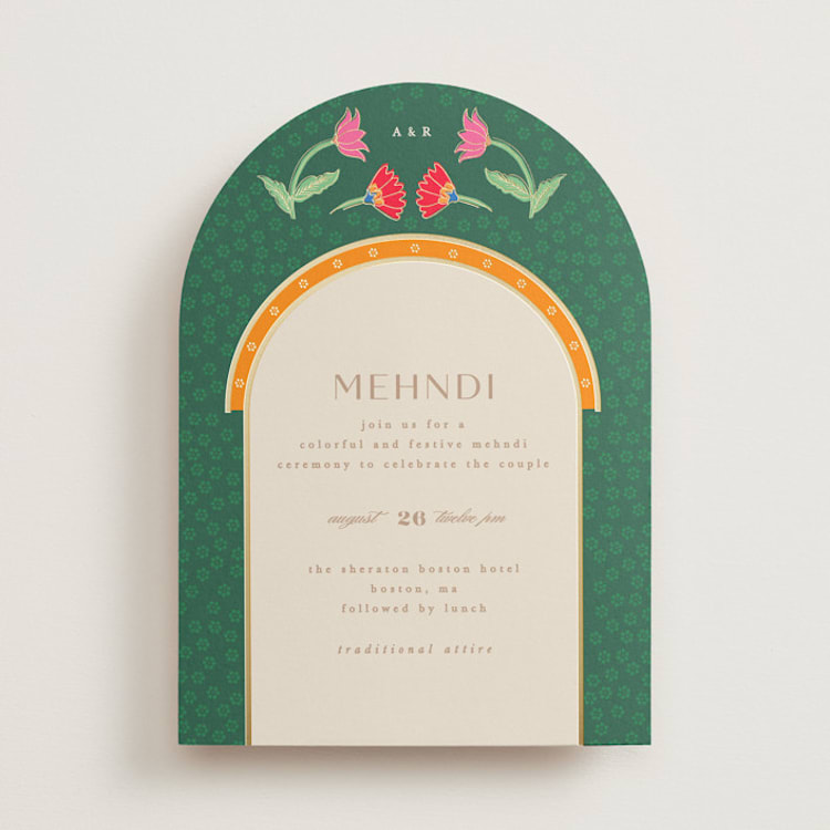 "Indian garden" - Foil-Pressed Mehndi Invitations in Sindoor by Creo Study - Front