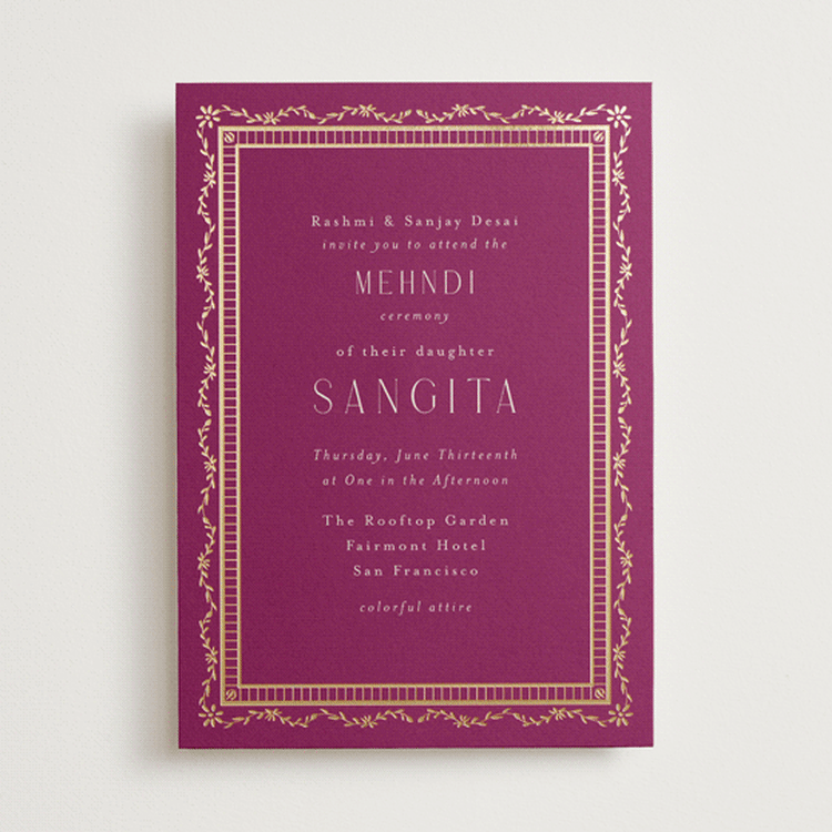 "Amber Palace" - Foil-Pressed Mehndi Invitations in Garnet by Chris Griffith - Front