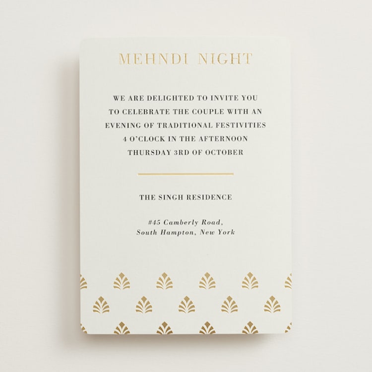"Henna Stamp" - Foil-Pressed Mehndi Invitations in Champagne by Oma N. Ramkhelawan - Front