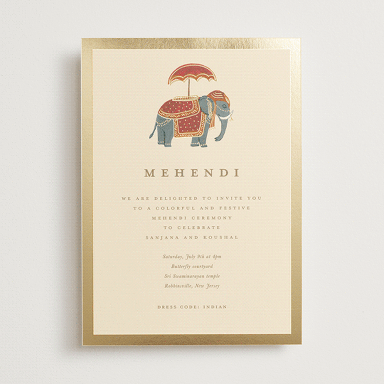 "Indian Elephant" - Foil-Pressed Mehndi Invitations in Honey by Teju Reval - Front