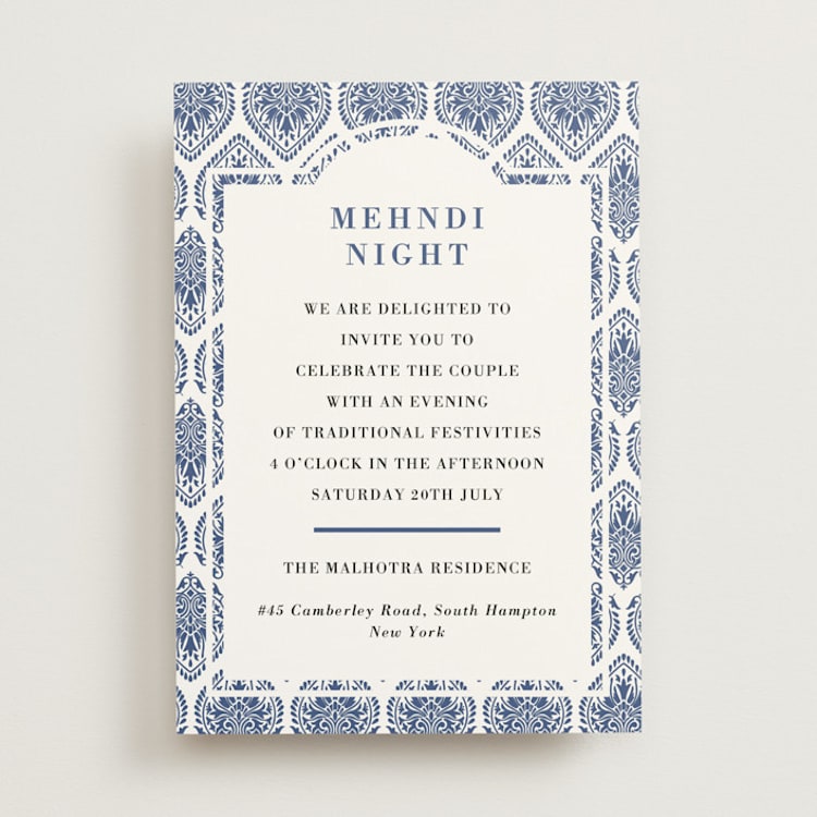 "Calcutta Stamp" - Mehndi Invitations in Azure by Oma N. Ramkhelawan - Front