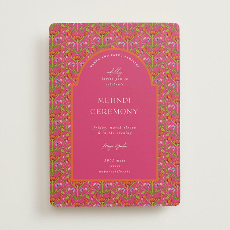 "Varna" - Mehndi Invitations in Fuchsia by Pati Cascino - Front