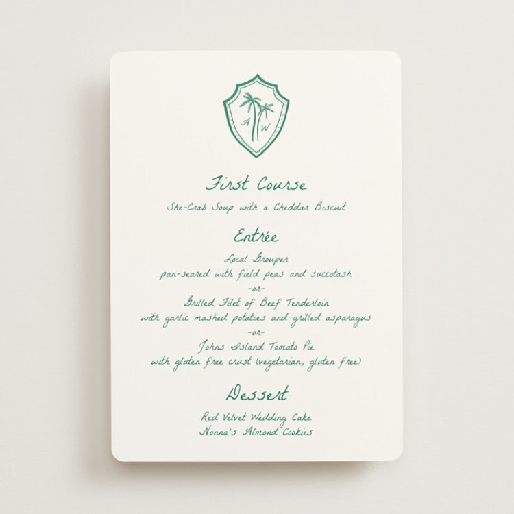 "Palm Tree Crest" - Menus in Palm by Erika Firm - Front