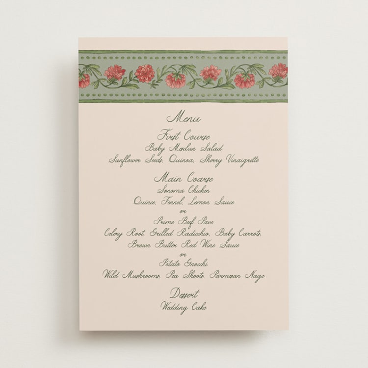 "Wedding Tapestry" - Menus in Coral Fern by Chris Griffith - Front