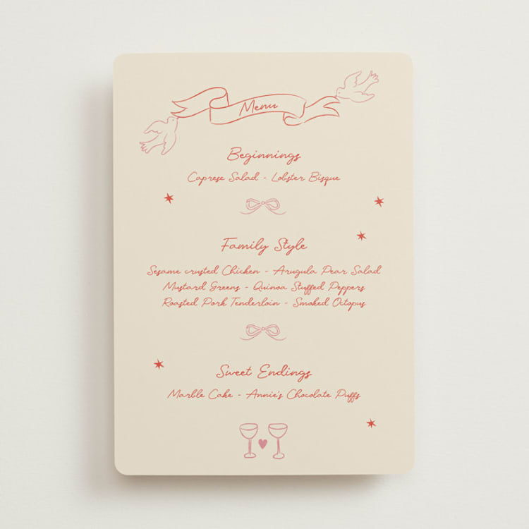 "The Bird Song" - Menus in Peach by Helena Vitto - Front