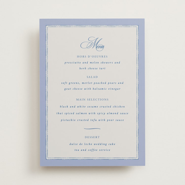 "Amalfi Blue" - Menus in Blue Mist by Design Lotus - Front