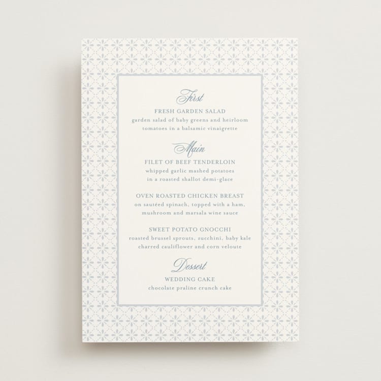 "Coastal Charm" - Menus in Dusty Blue by Jennifer Postorino - Front