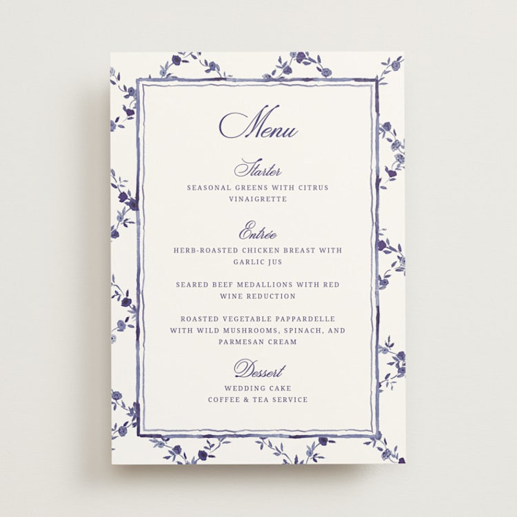 "Blooming Crest" - Menus in Plum by Cass Loh - Front