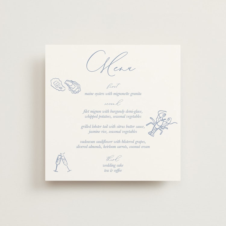 "I found my pearl" - Menus in Oyster Blue by Cotton and Bow - Front