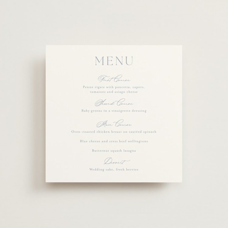 "Modern Air" - Menus in Dusty Blue by Stacey Meacham - Front
