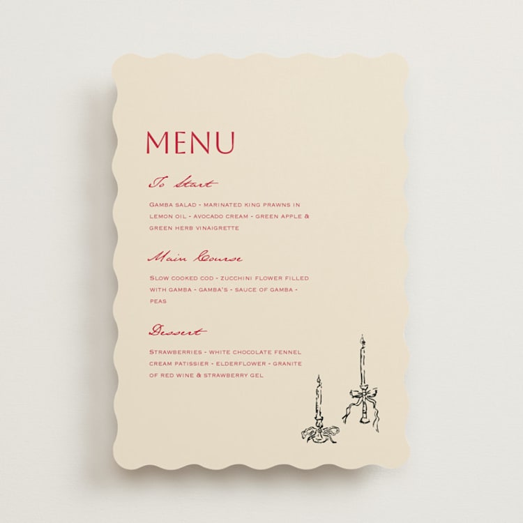 "Scalloped Candlesticks" - Menus in Champagne by Draft and Wed - Front
