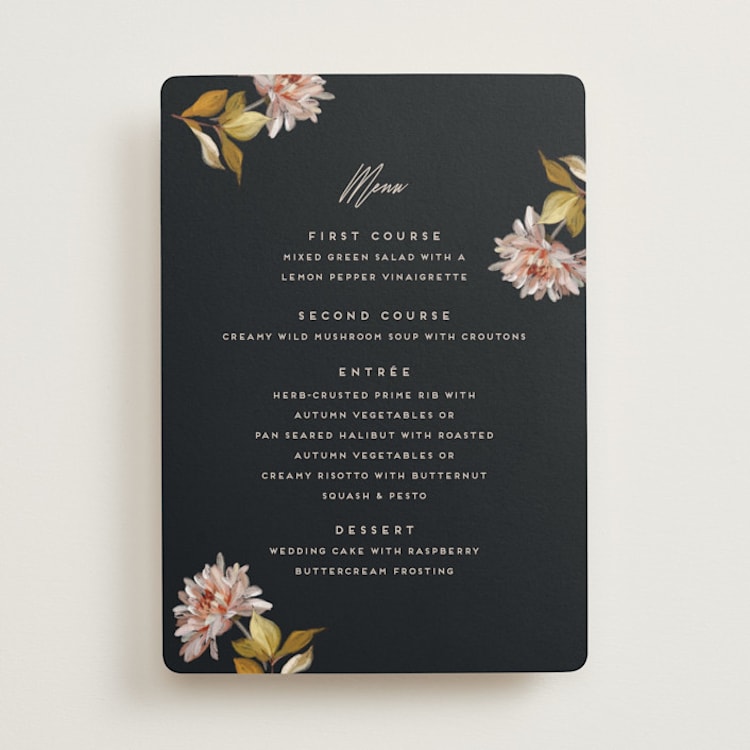 "Dahlia Season" - Menus in Navy by Olivia Kanaley Inman - Front