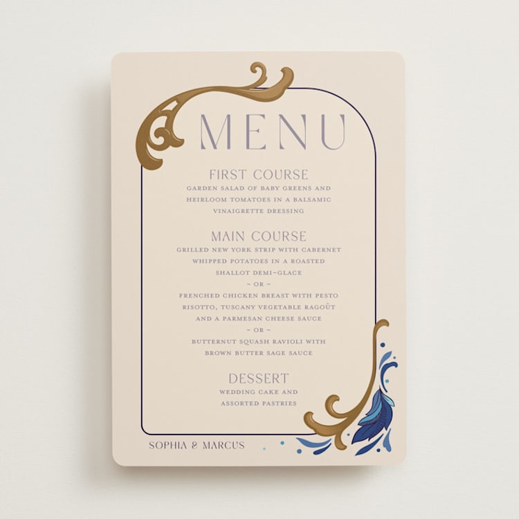 "Gilded" - Menus in Cerulean by GeekInk Design - Front