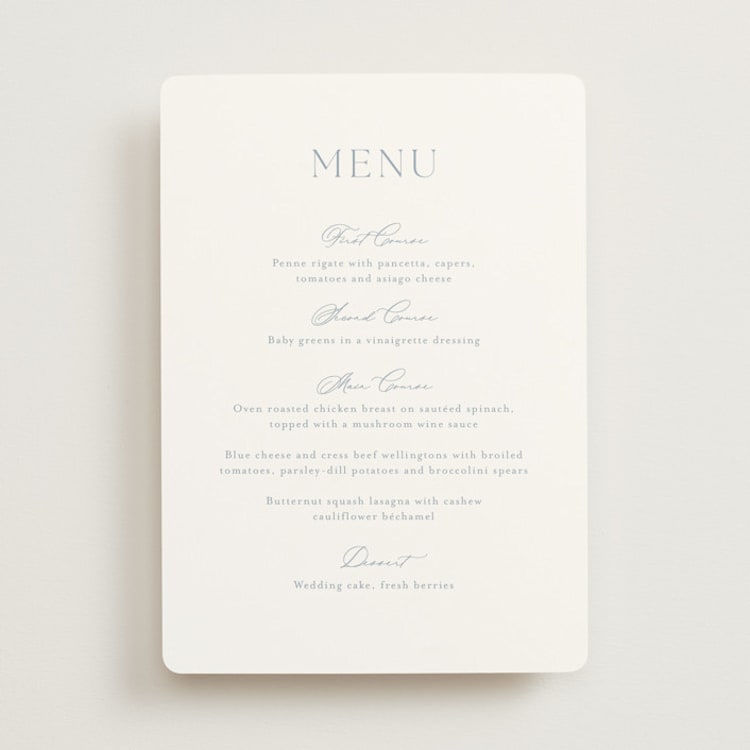 "Modern Air" - Menus in Dusty Blue by Stacey Meacham - Front