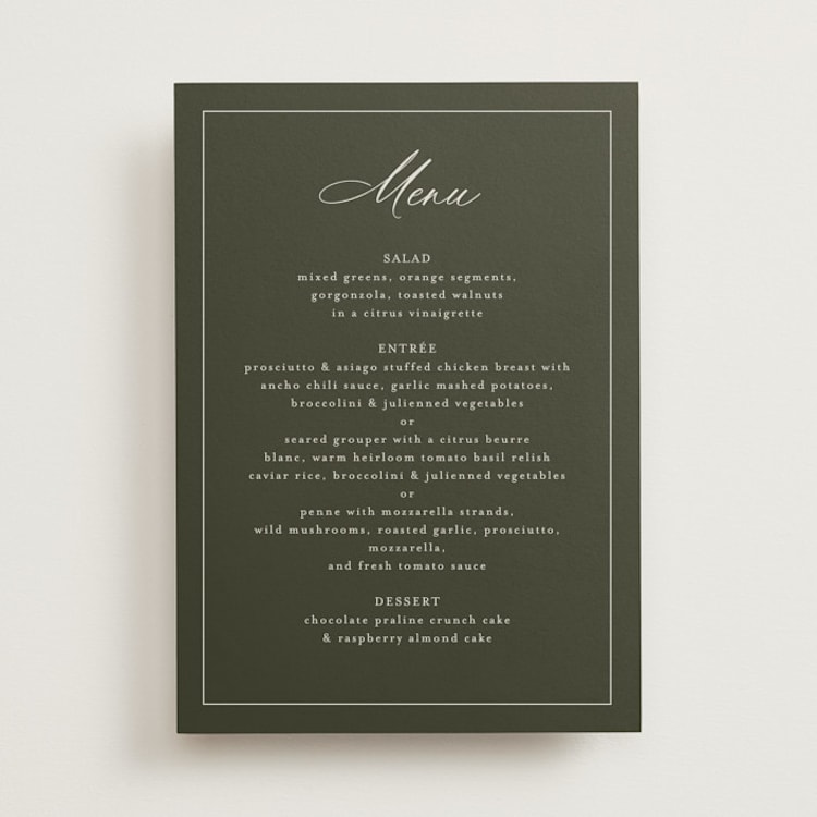"Refined" - Menus in Deep Olive by Nicole Walsh - Front