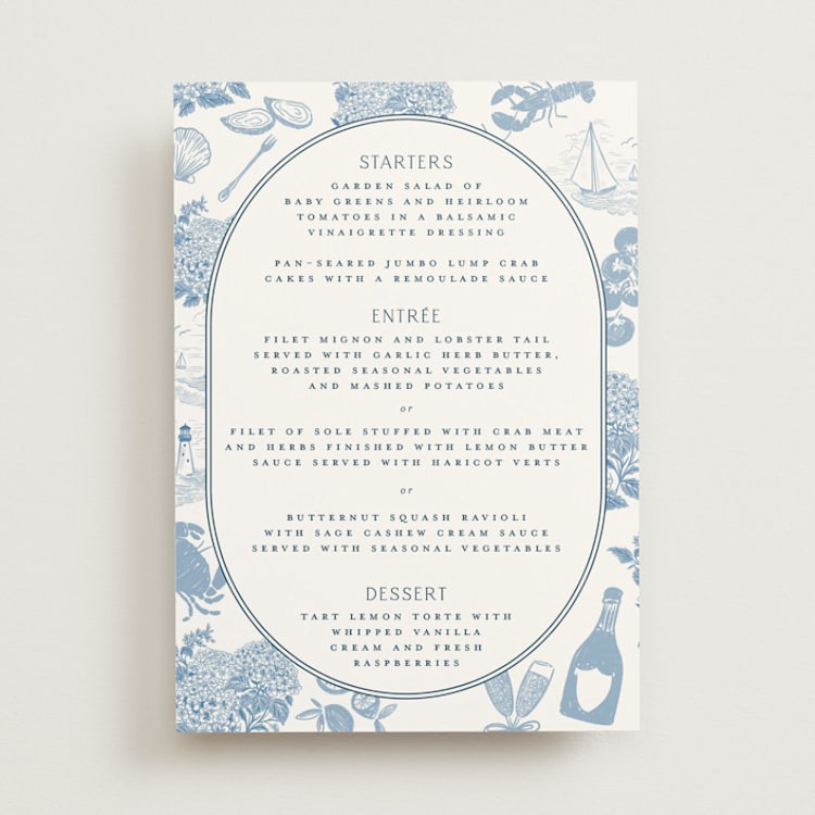 "Coastal Toile" - Menus in Sea by Jenna Holcomb - Front